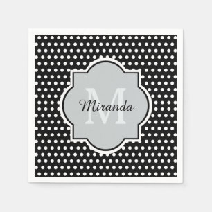 Mutige Schwarzweiss-Tupfen Monogramm und Name Serviette