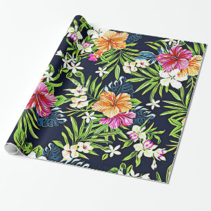 Mutige tropische Blumen der Hibiskus-Orchideen und Geschenkpapier