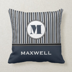 Mutiges Streifen-blaues Grau-Monogramm Kissen