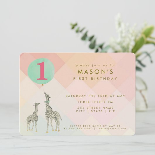 MUTTER & BABY GIRAFFE & BALLOON | GEBURTSTAG EINLADUNG (Stehend Vorderseite)