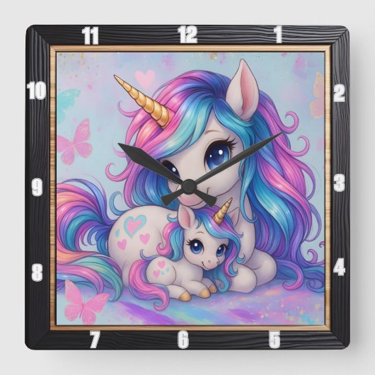 Mutter Baby Unicorn Rainbow Quadratische Wanduhr (Vorderseite)