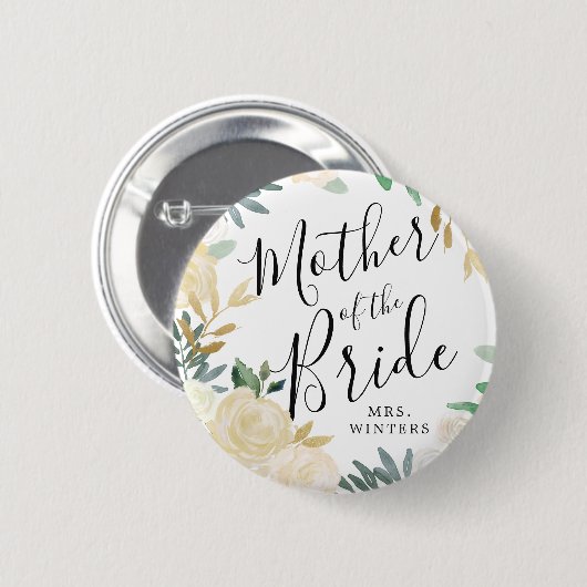 Mutter der Braut | White Rose Bouquet Wedding Button (Vorne & Hinten)