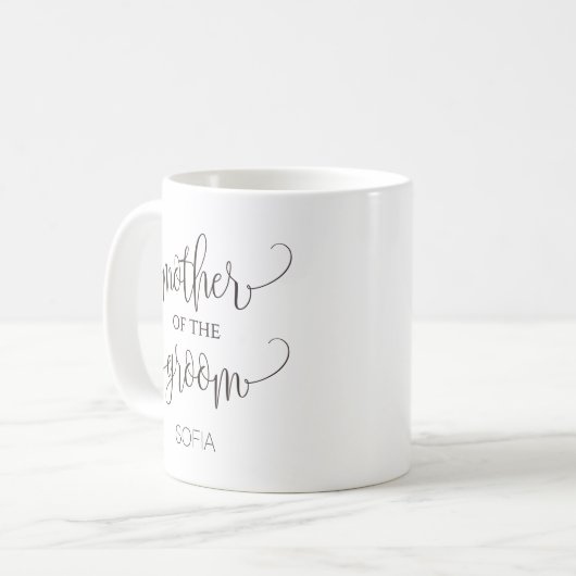 Mutter der Groom-Kalligrafie-Hochzeitsgeschenk Kaffeetasse (Vorderseite Links)
