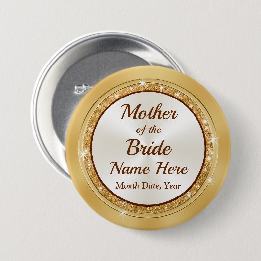 Mutter des Buttons der Braut, PERSONALISIERT, Gold (Vorne & Hinten)