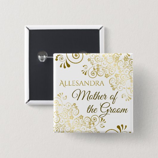 Mutter des Groom Gold Spitzen-Hochzeitnamens Button (Vorne & Hinten)