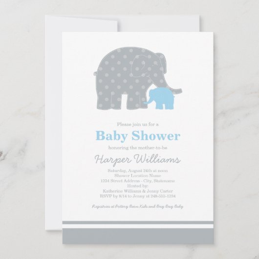 Mutter Elephant Blue Gray Dots Baby Dusche Einladung (Vorderseite)