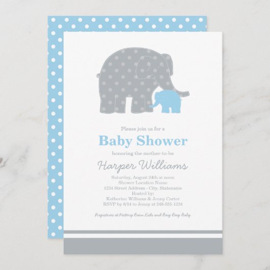 Mutter Elephant Blue Gray Dots Baby Dusche Einladung (Vorne/Hinten)