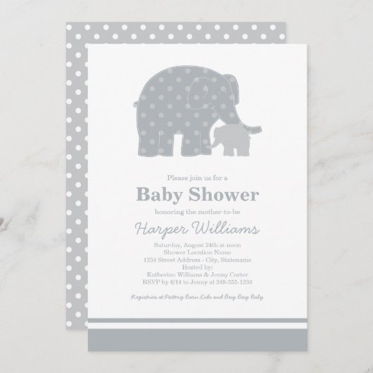 Mutter Elephant Grey Dots Baby Dusche Einladung (Vorne/Hinten)