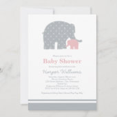 Mutter Elephant Pink Gray Dots Baby Dusche Einladung (Vorderseite)