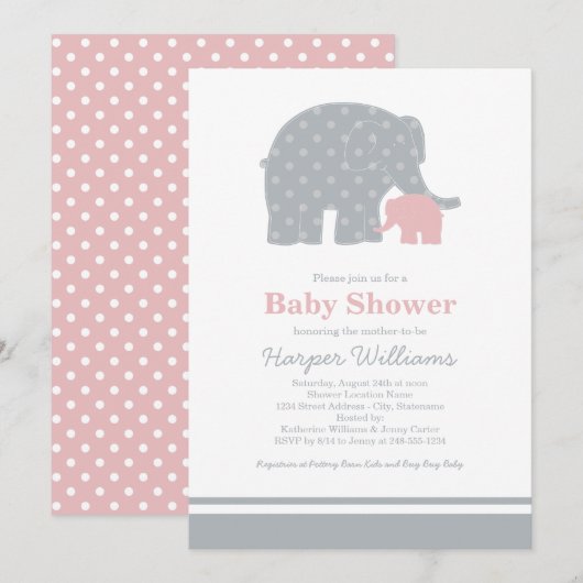 Mutter Elephant Pink Gray Dots Baby Dusche Einladung (Vorne/Hinten)