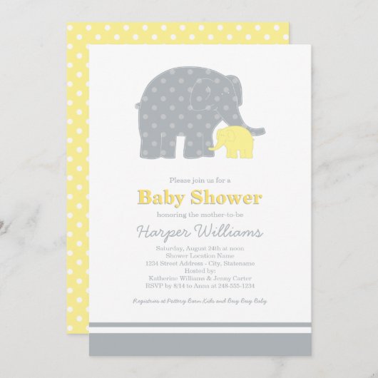 Mutter Elephant Yellow Dots Baby Dusche Einladung (Vorne/Hinten)