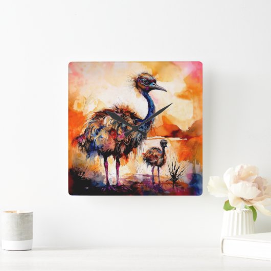 Mutter Emu und Kick im Outback Australien Quadratische Wanduhr (Zuhause)