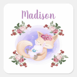 Mutter Fox Hug Baby Bunny Rabbit Quadratischer Aufkleber