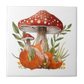 Mutter Fox und ihr Baby unter großen Pilzen Fliese (Vorderseite)