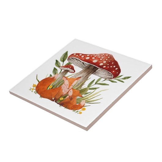 Mutter Fox und ihr Baby unter großen Pilzen Fliese (Seite)