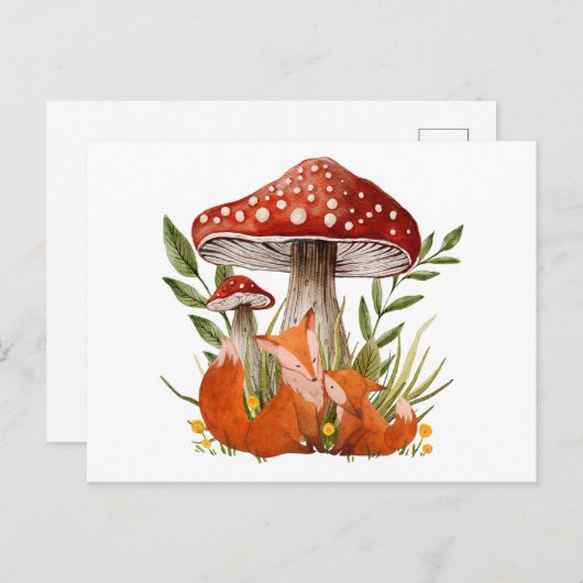 Mutter Fox und ihr Baby unter großen Pilzen Postkarte (Vorne/Hinten)