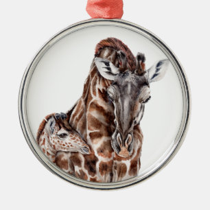 Mutter Giraffe mit Baby Giraffe Silbernes Ornament