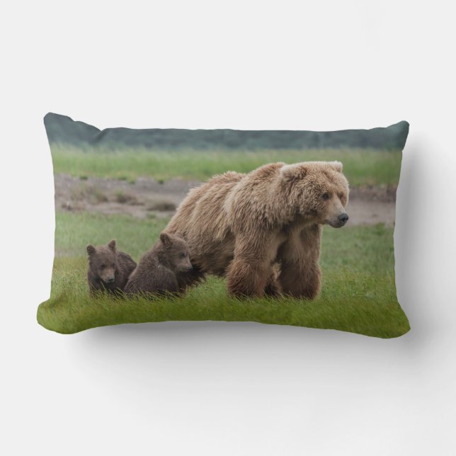 Mutter Grizzly Bär mit Twin Cubs Lendenkissen (Vorderseite)