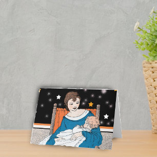 Mutter hält ihr Baby im orangen Stuhl Sterne Karte