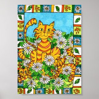 Mutter Katze & Kätzchen in Daisy Patch Mini Folk A Poster