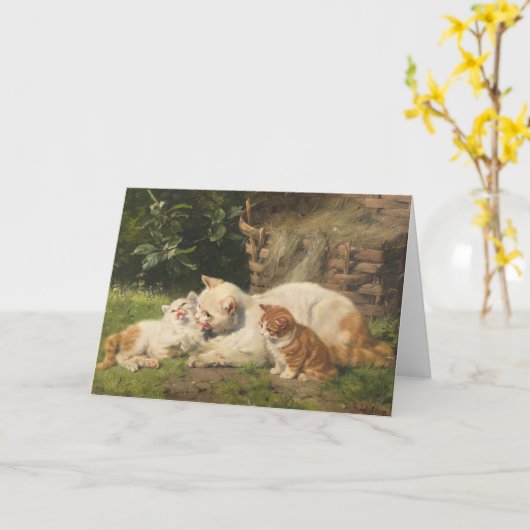 Mutter Katze mit Kätzchen | Julius Adam the Younge Karte (Gelbe Blume)