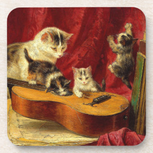 Mutter Katze und Kätzchen spielen mit Gitarre Getränkeuntersetzer