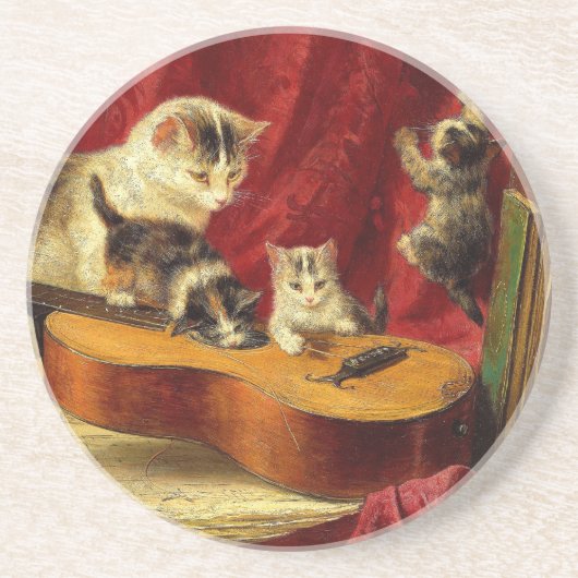 Mutter Katze und Kätzchen spielen mit Gitarre Getränkeuntersetzer (Vorne)