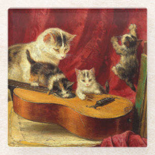 Mutter Katze und Kätzchen spielen mit Gitarre Glasuntersetzer