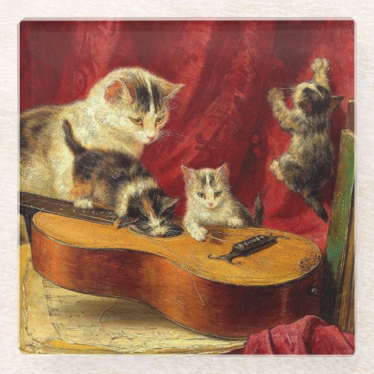 Mutter Katze und Kätzchen spielen mit Gitarre Glasuntersetzer (Vorderseite)
