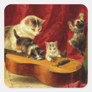 Mutter Katze und Kätzchen spielen mit Gitarre Quadratischer Aufkleber