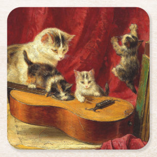 Mutter Katze und Kätzchen spielen mit Gitarre Rechteckiger Pappuntersetzer