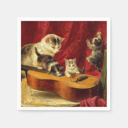 Mutter Katze und Kätzchen spielen mit Gitarre Serviette (Vorderseite)