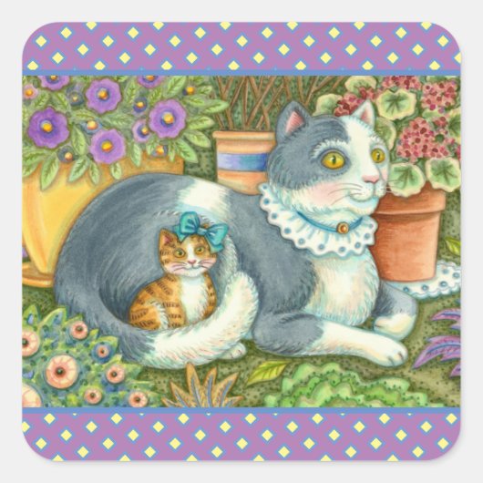 MUTTER KATZE UND KÜCHE, BLUME, BOWS & PLATZ QUADRATISCHER AUFKLEBER (Vorderseite)