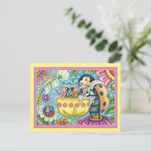 MUTTER LADYBUG & KINDER, TULIP-BABELBAD POSTKARTE (Stehend Vorderseite)