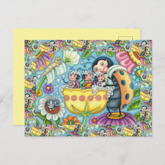 MUTTER LADYBUG & KINDER, TULIP-BABELBAD POSTKARTE (Vorne/Hinten)