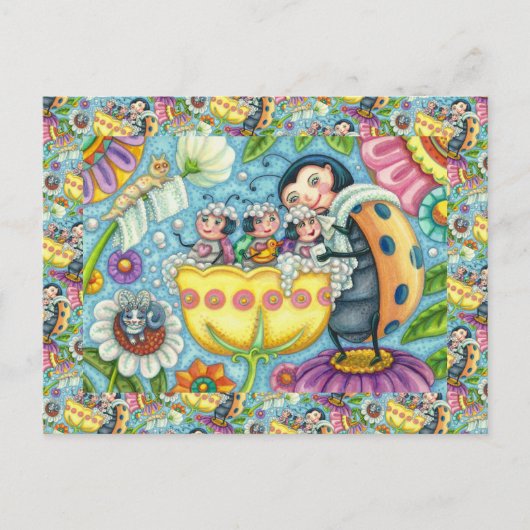 MUTTER LADYBUG & KINDER, TULIP-BABELBAD POSTKARTE (Vorderseite)