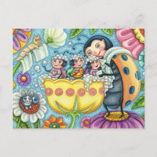 MUTTER LADYBUG & KINDER, TULIP-BABELBAD POSTKARTE (Vorderseite)