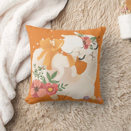 Mutter Llama mit Babylama u. Blumen pillow Kissen (Decke)