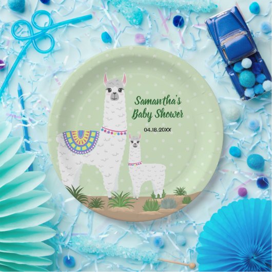 Mutter Llama und Baby-grüne Tupfen-Babyparty Pappteller (Party)