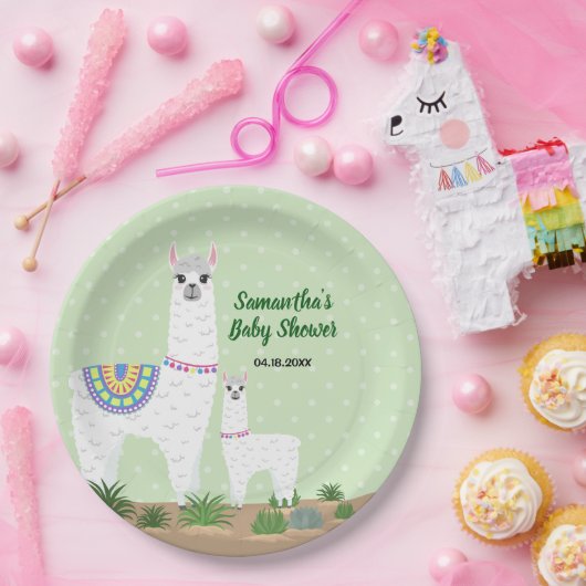 Mutter Llama und Baby-grüne Tupfen-Babyparty Pappteller (Party)