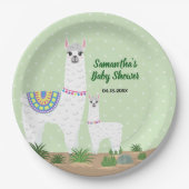 Mutter Llama und Baby-grüne Tupfen-Babyparty Pappteller (Vorderseite)