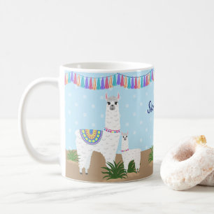 Mutter Llama und Baby-Lama-Blau-Tupfen Kaffeetasse