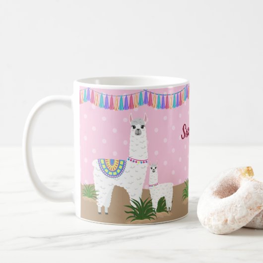 Mutter Llama und Baby-Lama-Rosa-Tupfen Kaffeetasse (Mit Donut)