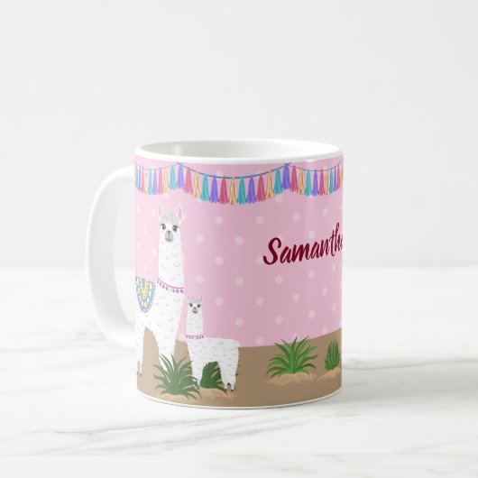 Mutter Llama und Baby-Lama-Rosa-Tupfen Kaffeetasse (Vorderseite Links)