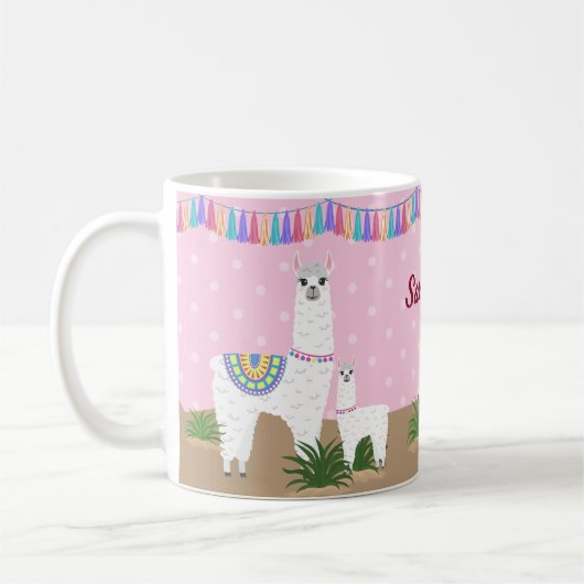 Mutter Llama und Baby-Lama-Rosa-Tupfen Kaffeetasse (Links)