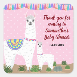 Mutter Llama und Baby-Rosa-Tupfen-Babyparty Quadratischer Aufkleber