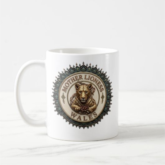 Mutter Löwin. Wales Kaffeetasse (Links)