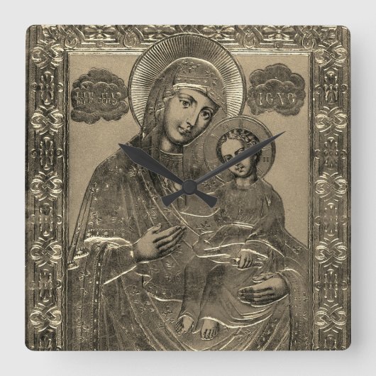 Mutter Maria und Jesus Christus Kind Silver Gold Quadratische Wanduhr (Vorderseite)