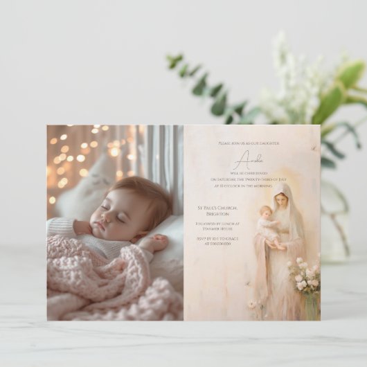 Mutter Mary mit Baby-Taufe Einladung (Stehend Vorderseite)