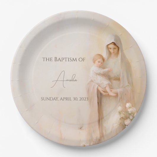 Mutter Mary mit Baby-Taufe Pappteller (Vorderseite)